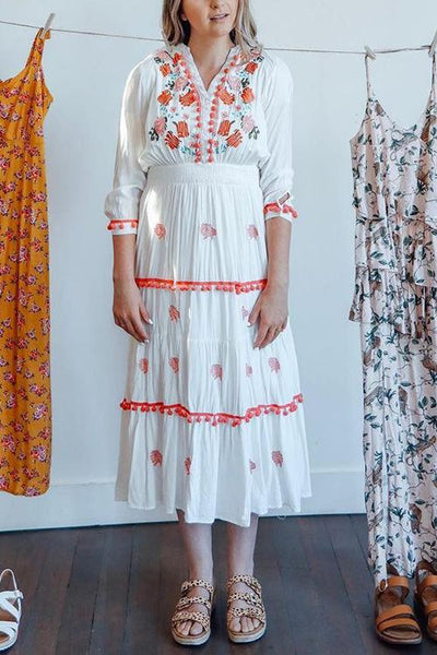 Embroidery Pom Pom Maxi Dress - girlyrose.com