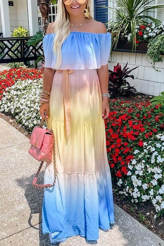 Gradient Off Shoulder Belted Maxi Dress - girlyrose.com