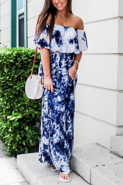 Pockets Off Shoulder Tie Dye Maxi Dress - girlyrose.com