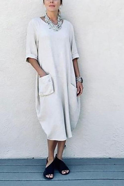 Solid V Neck Pockets Linen Maxi Dress - girlyrose.com