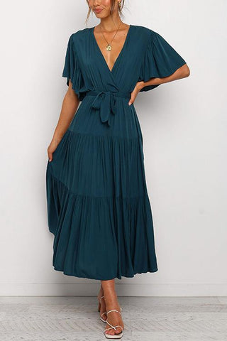 Solid Ruffles Belted Maxi Dress - girlyrose.com