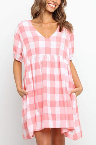 Plaid Pockets V Neck Mini Dress - girlyrose.com