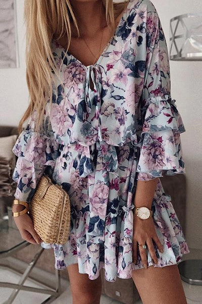 Floral Print Flares Sleeve Ruffles Mini Dress - girlyrose.com