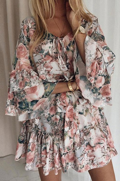 Floral Print Flares Sleeve Ruffles Mini Dress - girlyrose.com