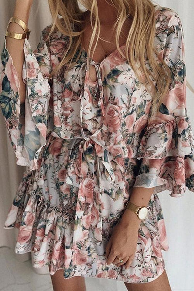 Floral Print Flares Sleeve Ruffles Mini Dress - girlyrose.com