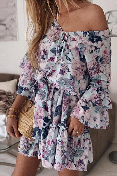 Floral Print Flares Sleeve Ruffles Mini Dress - girlyrose.com