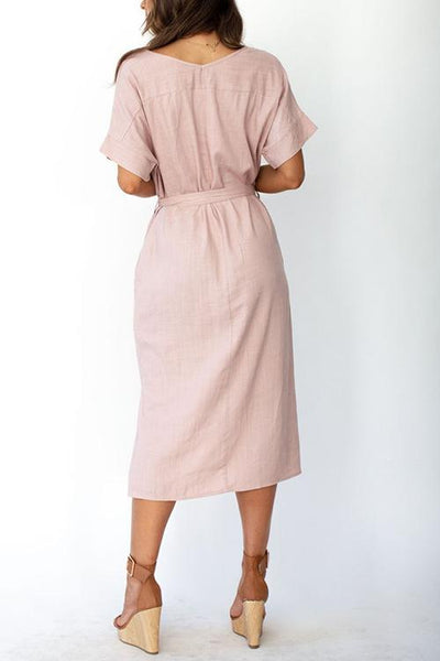 Pockets Side Slit Belted Dress - girlyrose.com