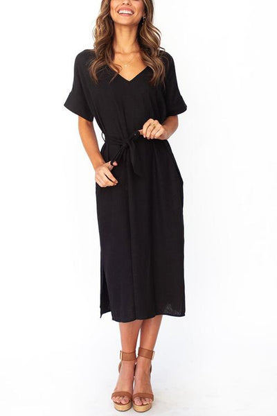 Pockets Side Slit Belted Dress - girlyrose.com