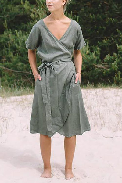 Linen Short Sleeve Wrap Dress - girlyrose.com