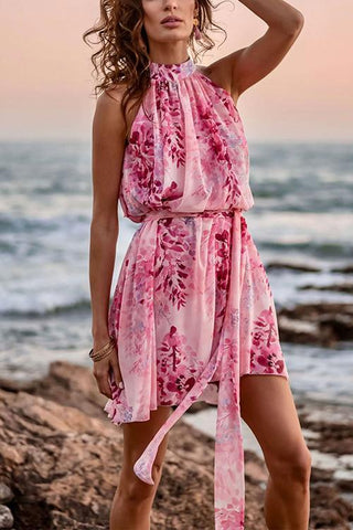 Floral Print Halter Neck Mini Dress - girlyrose.com