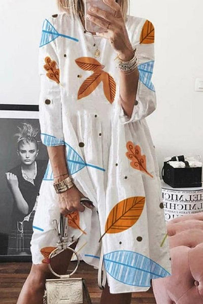 Leaf Print Seven Sleeve Dress - girlyrose.com