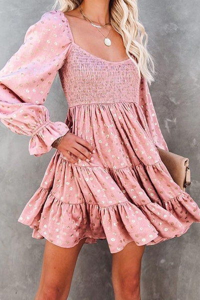 Hot Stamping Ruffles Elastic Puff Sleeve Mini Dress - girlyrose.com