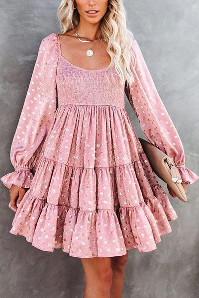 Hot Stamping Ruffles Elastic Puff Sleeve Mini Dress - girlyrose.com