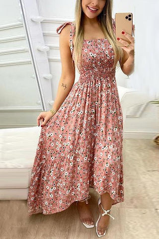 Floral Print Bow Slip Maxi Dess - girlyrose.com