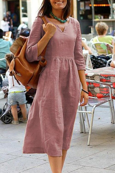 Linen V Neck Seven Sleeves Midi Dress - girlyrose.com