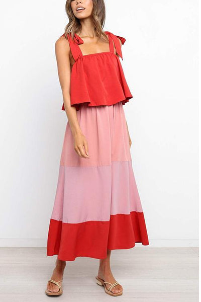 Color Block Bow Slip Maxi Dress - girlyrose.com