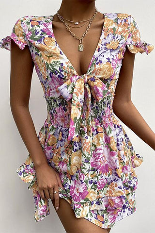 Floral Print Bow Tie Ruffles Mini Dress - girlyrose.com