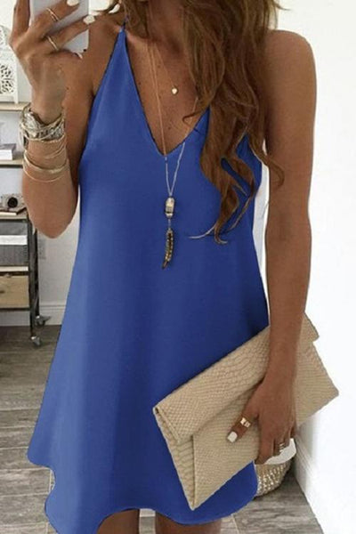 Solid V Neck Sleeveless Mini Dress - girlyrose.com