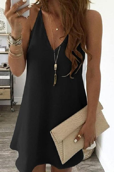 Solid V Neck Sleeveless Mini Dress - girlyrose.com