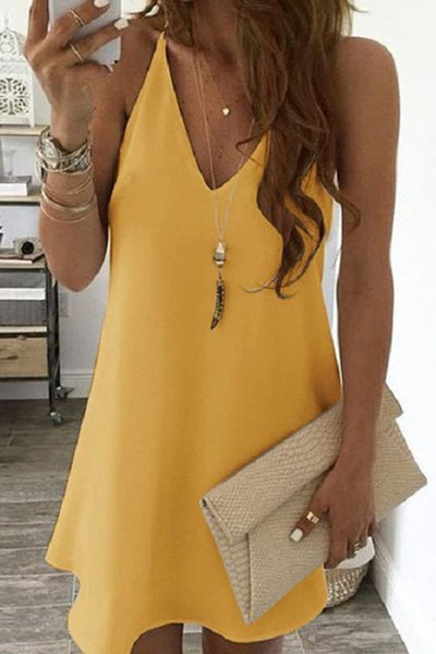 Solid V Neck Sleeveless Mini Dress - girlyrose.com