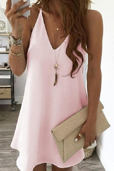 Solid V Neck Sleeveless Mini Dress - girlyrose.com