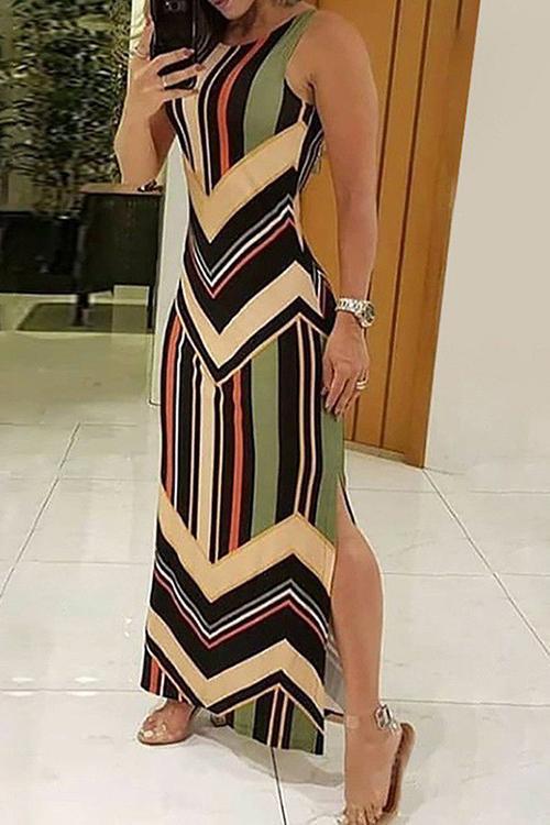 Color Block Stripe Slit Maxi Dress - girlyrose.com