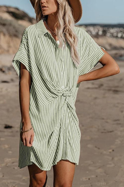 Knot Stripe Shirt Mini Dress - girlyrose.com