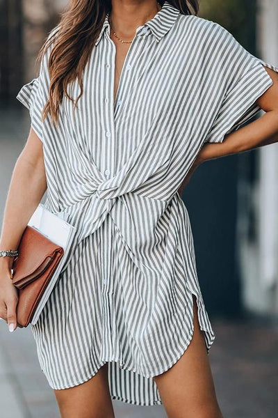 Knot Stripe Shirt Mini Dress - girlyrose.com