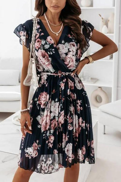 Floral Print V Neck Dress - girlyrose.com