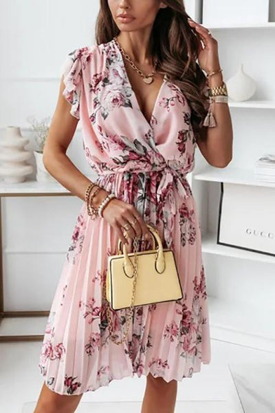 Floral Print V Neck Dress - girlyrose.com