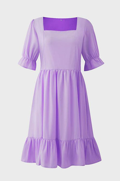 Square Neck Ruffels Puff Sleeve Mini Dress - girlyrose.com