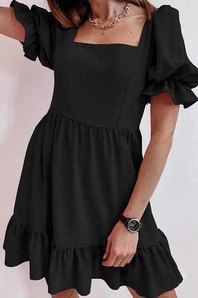 Square Neck Ruffels Puff Sleeve Mini Dress - girlyrose.com