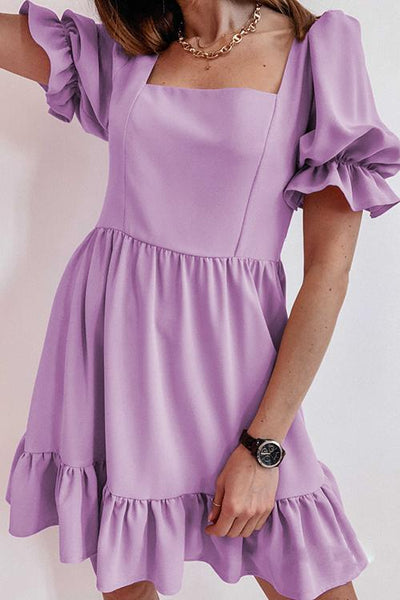 Square Neck Ruffels Puff Sleeve Mini Dress - girlyrose.com