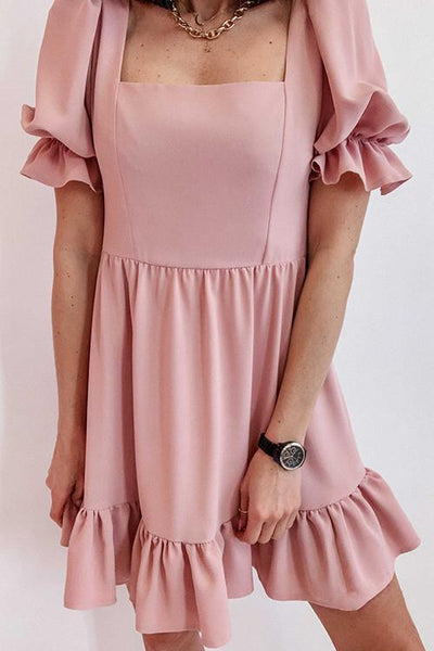 Square Neck Ruffels Puff Sleeve Mini Dress - girlyrose.com