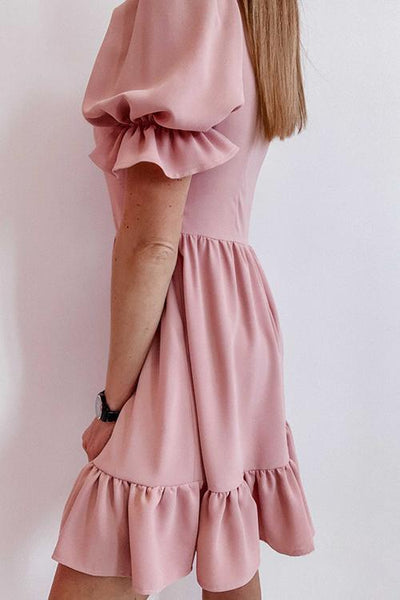 Square Neck Ruffels Puff Sleeve Mini Dress - girlyrose.com