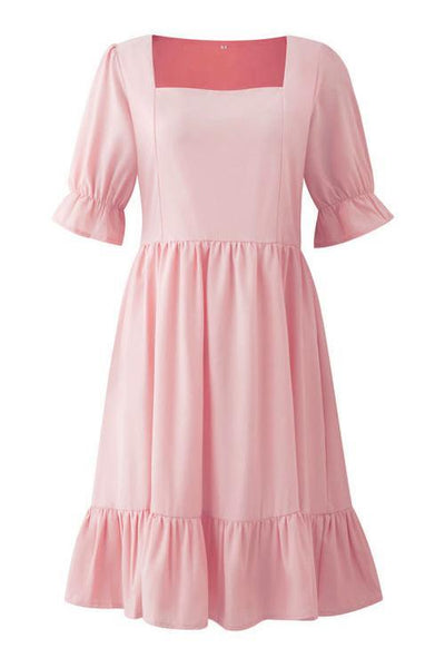 Square Neck Ruffels Puff Sleeve Mini Dress - girlyrose.com