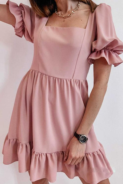 Square Neck Ruffels Puff Sleeve Mini Dress - girlyrose.com