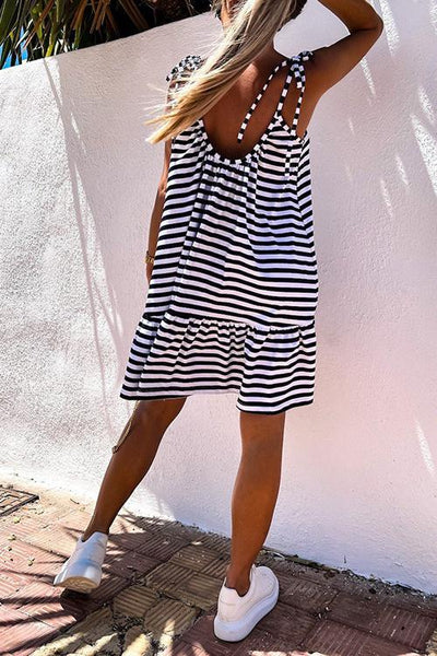 Stripe Ruffles Hem Backless Slip Dress - girlyrose.com