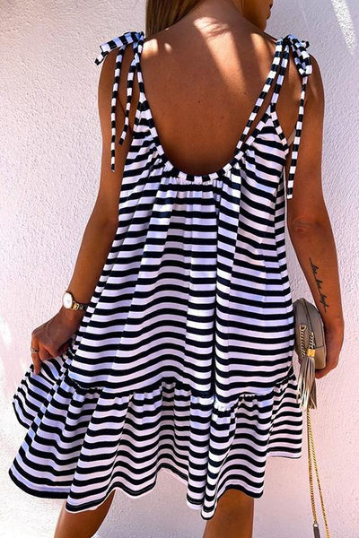 Stripe Ruffles Hem Backless Slip Dress - girlyrose.com