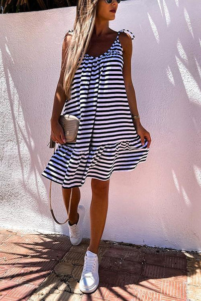 Stripe Ruffles Hem Backless Slip Dress - girlyrose.com