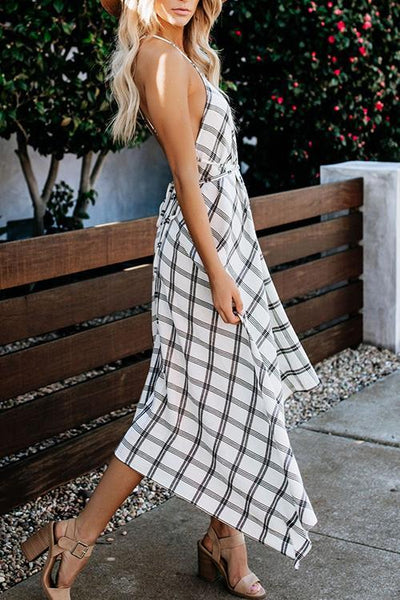 Plaid Backless Slip Maxi Dress - girlyrose.com