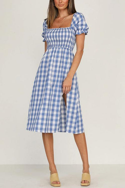 Plaid Square Neck Slit Dress - girlyrose.com