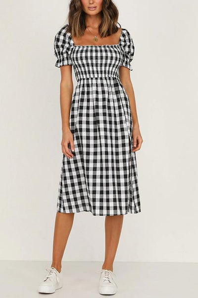 Plaid Square Neck Slit Dress - girlyrose.com