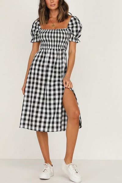 Plaid Square Neck Slit Dress - girlyrose.com