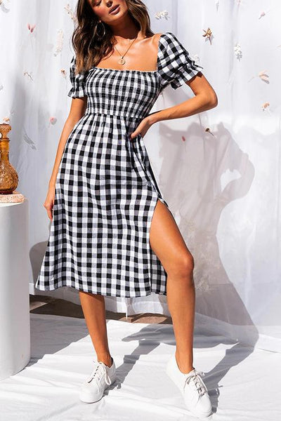 Plaid Square Neck Slit Dress - girlyrose.com