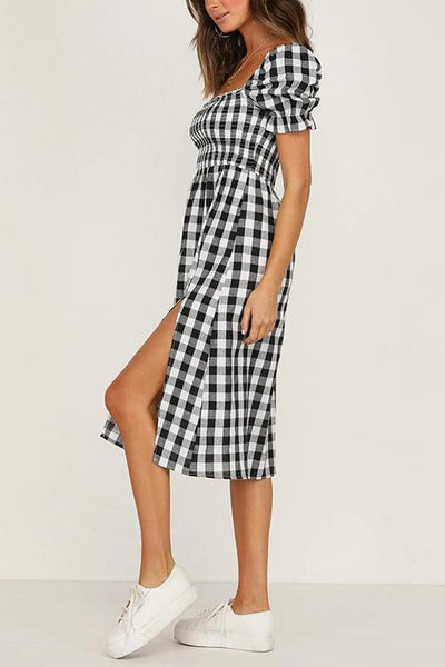 Plaid Square Neck Slit Dress - girlyrose.com