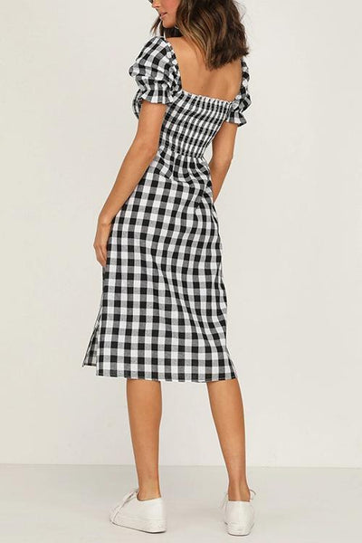 Plaid Square Neck Slit Dress - girlyrose.com