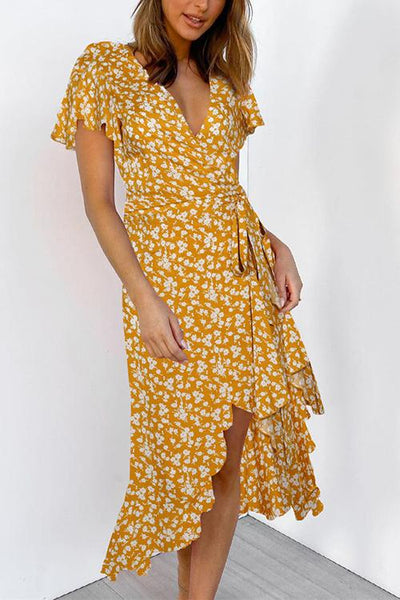 Floral Ruffles Print Wrap Maxi Dress