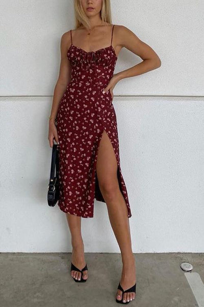 Floral Print Slit Slip Dress - girlyrose.com