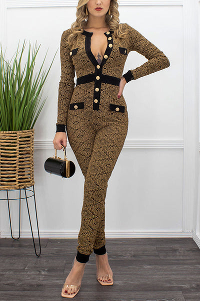 Gold Thread Button Up Bodycon Jumpsuit